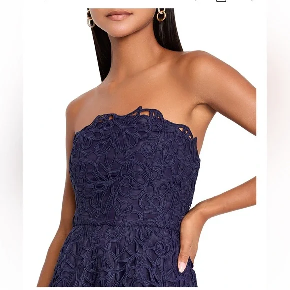 MILLY Sonja Curled Lace Strapless Midi Gown Navy A-Line Dress Size 10 NWT - Picture 2 of 5